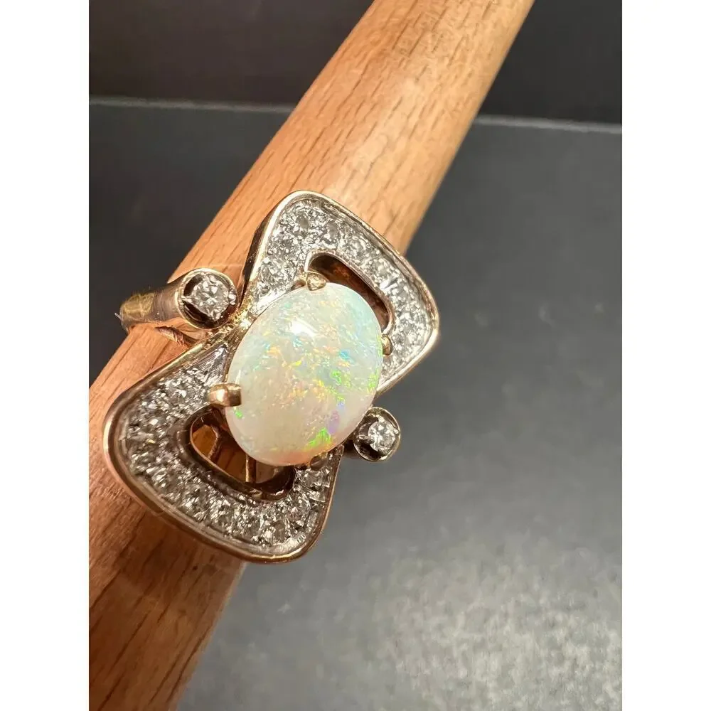 Vintage 14K Opal & Diamond Ring | Size 6.5 | Papered | 1.80ct | 60s–70s